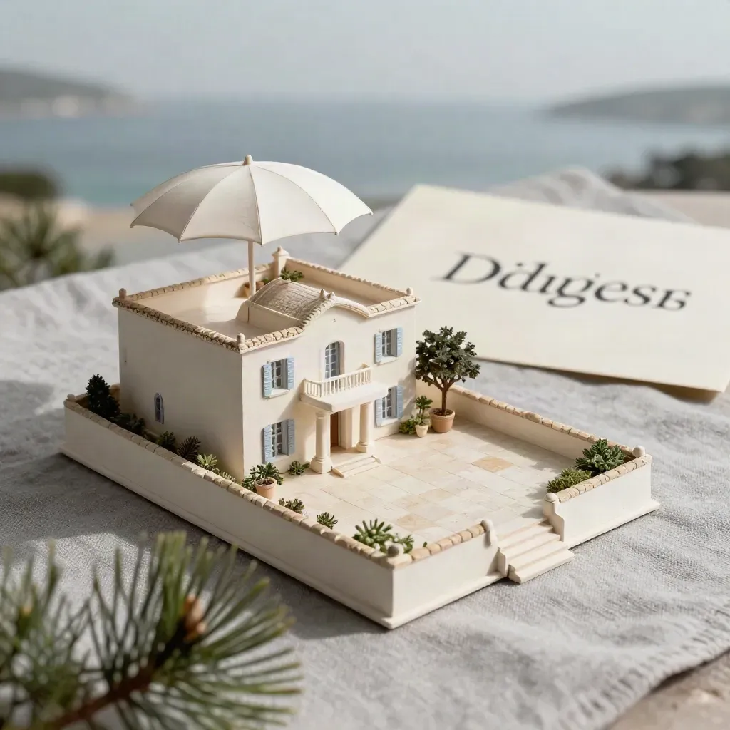 Maquette blanche d'une villa de prestige, terrasse en pierre, ombre de pin et brume marine.