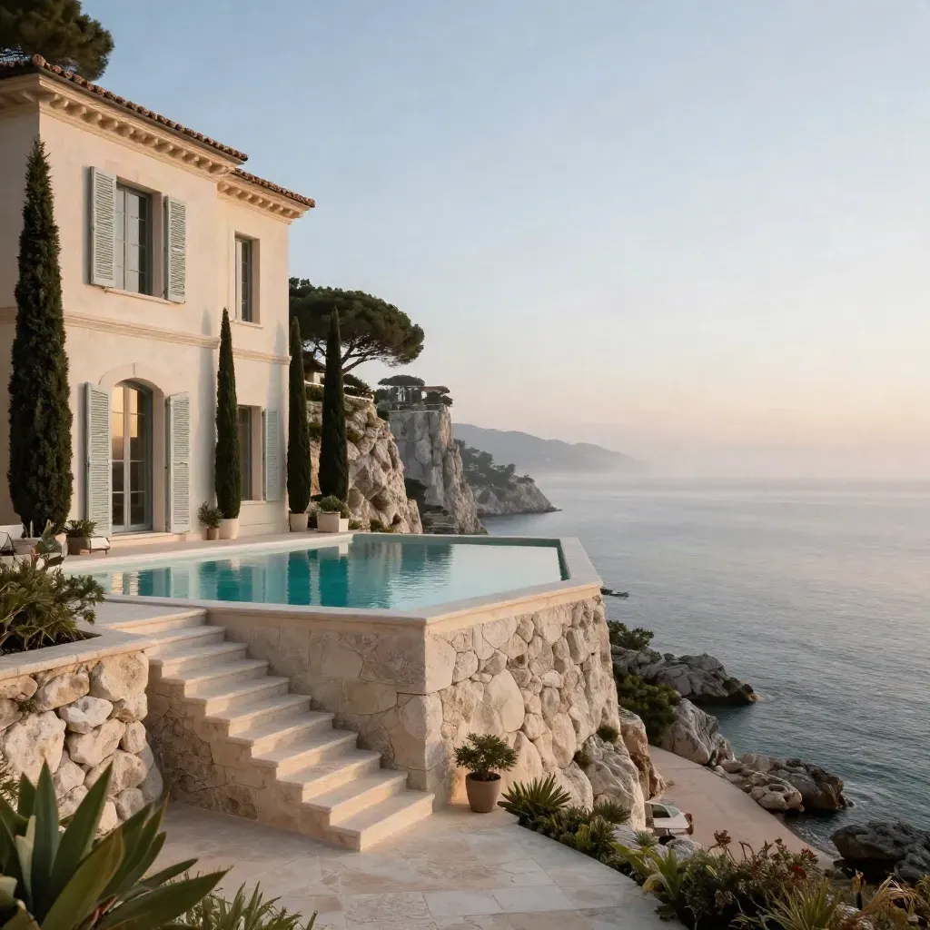 Villa de luxe en bord de falaise, piscine à débordement et mer au lever du jour.