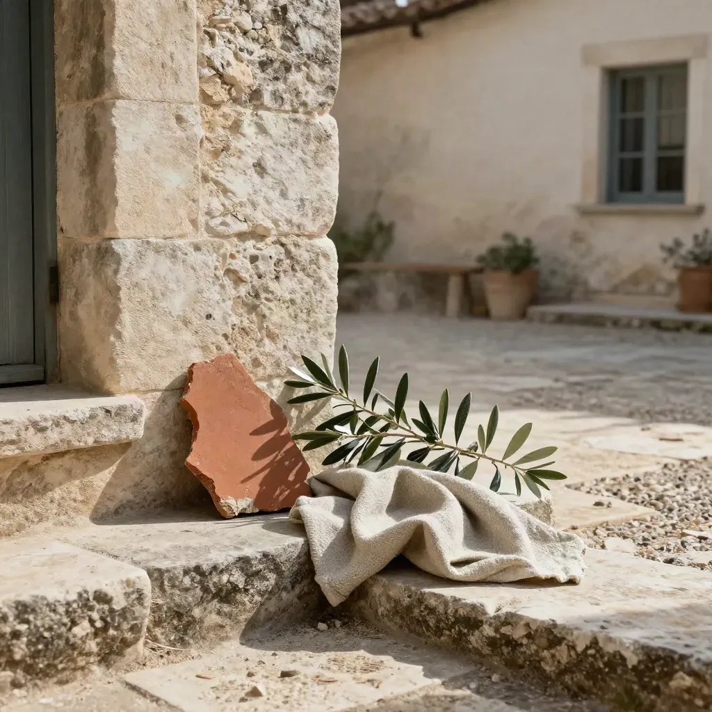 Fragment de mas en pierre, branche d’olivier, lin et tesson de terre cuite dans une cour claire.