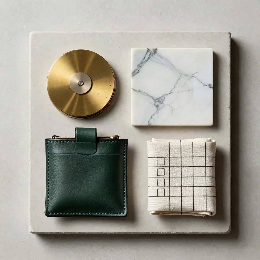 Flatlay luxe: disque en laiton, marbre, pochette à clés et bande de lin vert forêt.