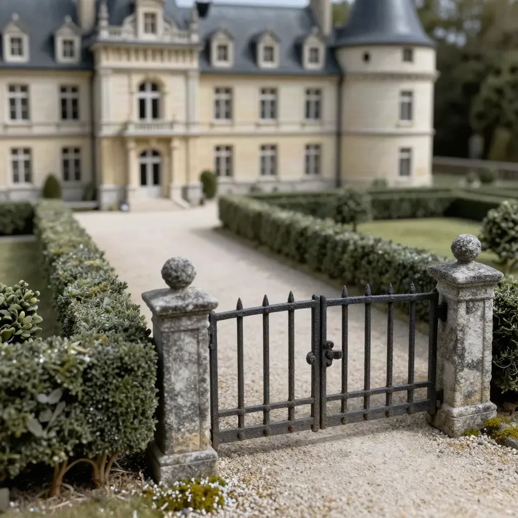 Maquette de château privé avec grille en fer et allée de gravier.