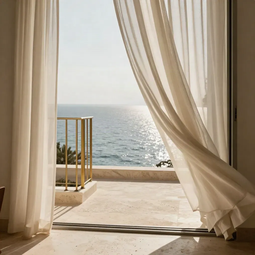 Terrasse en travertin à Cannes, baie vitrée ouverte sur la mer, rideau ivoire en mouvement.
