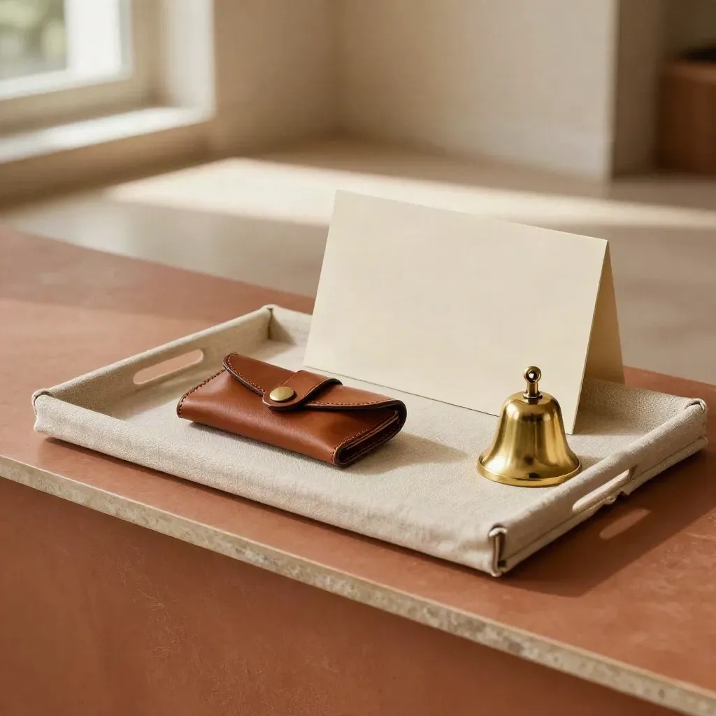 Kit de conciergerie luxe sur console en terre cuite, lumière douce et reflets de laiton.
