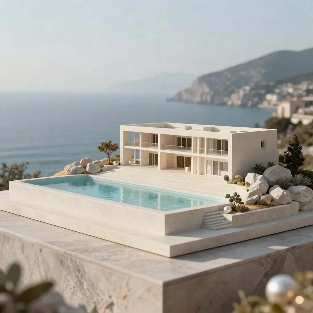 Maquette de villa de luxe avec terrasses en pierre et bande de piscine, sur fond marin flou.
