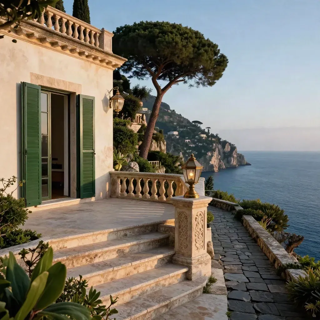 Terrasse de villa en falaise avec volets ouverts, cyprès, jardin et mer sombre au loin