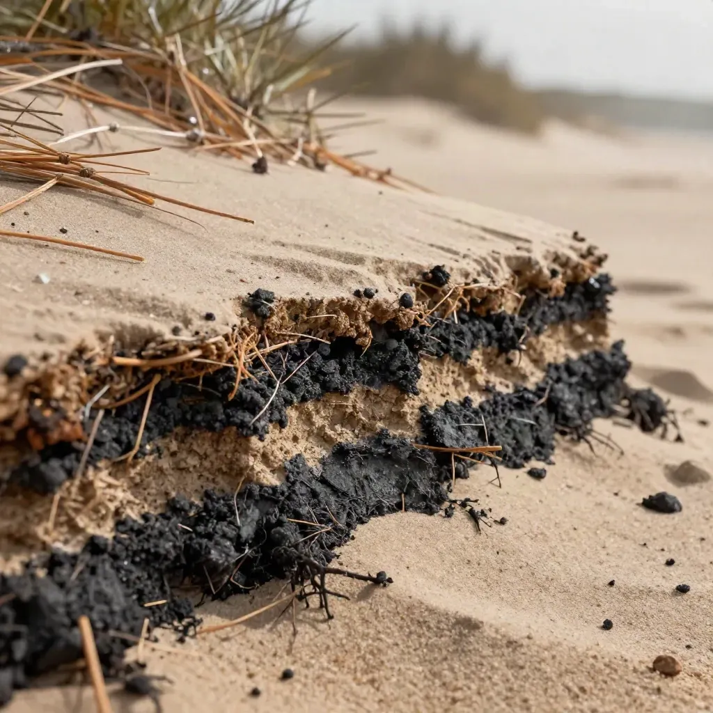 Gros plan d’une pente sableuse de pinède à Hossegor, avec aiguilles de pin et racines sombres.