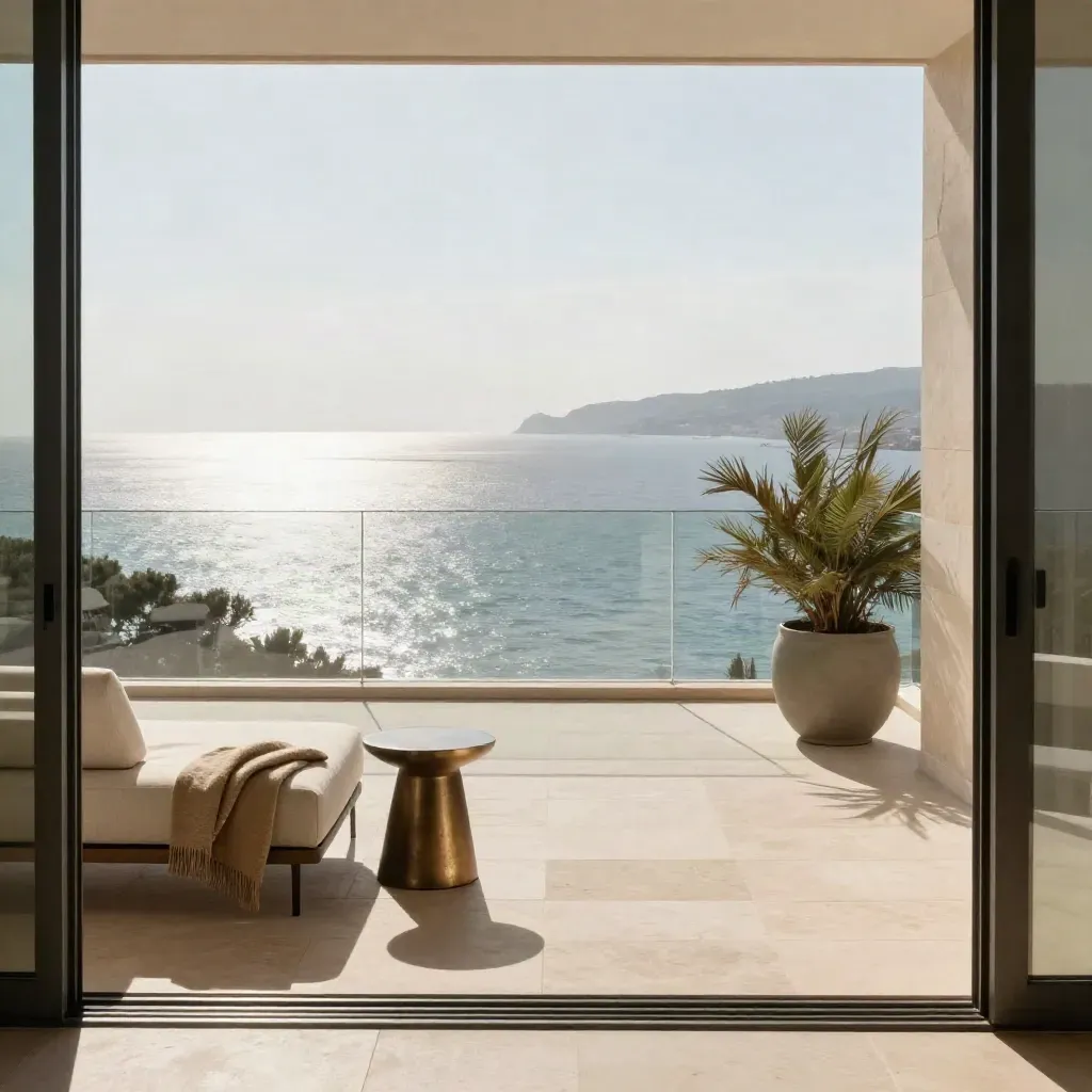 Terrasse de penthouse à Nice face à la mer, pierre claire et garde-corps vitré