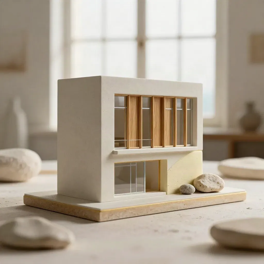 Maquette de façade moderne sur socle sable, lumière douce, ambiance maritime.