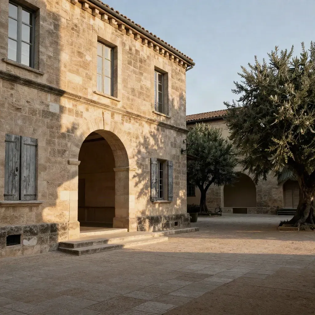 bastide en pierre d’Uzès, cour intérieure, soleil rasant et ombres d’olivier