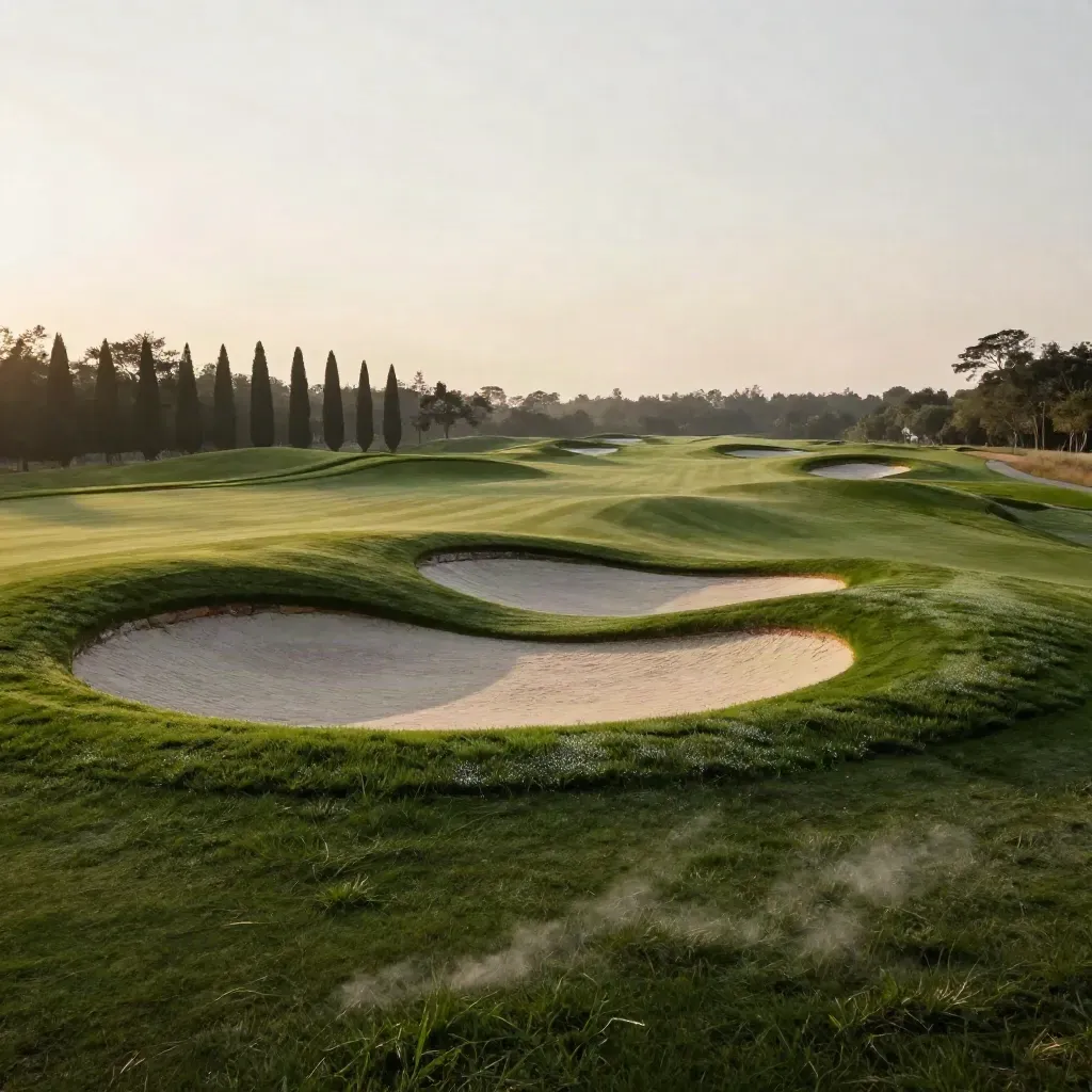 Vue en trois quarts d’un terrain de golf luxueux avec green, sable et cyprès.