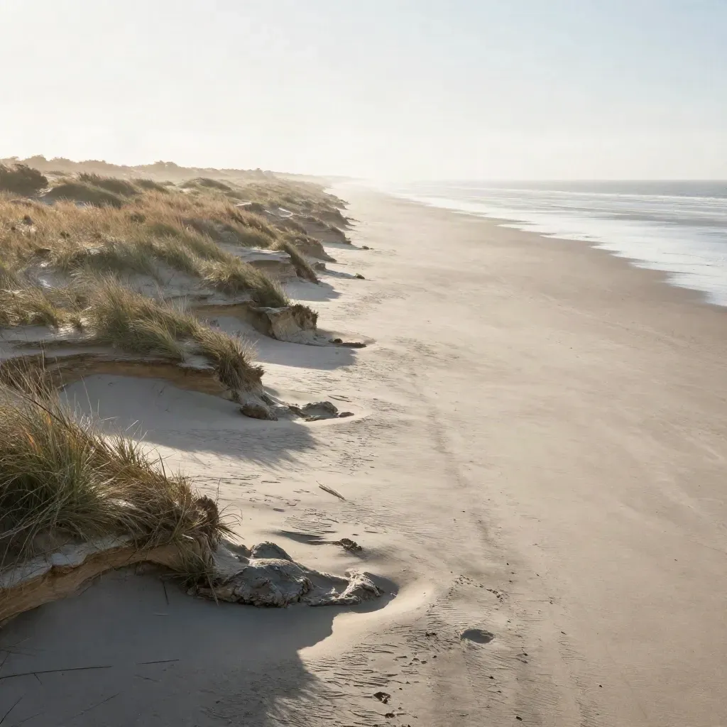 Dune côtière aérienne avec terre nivelée et horizon calme