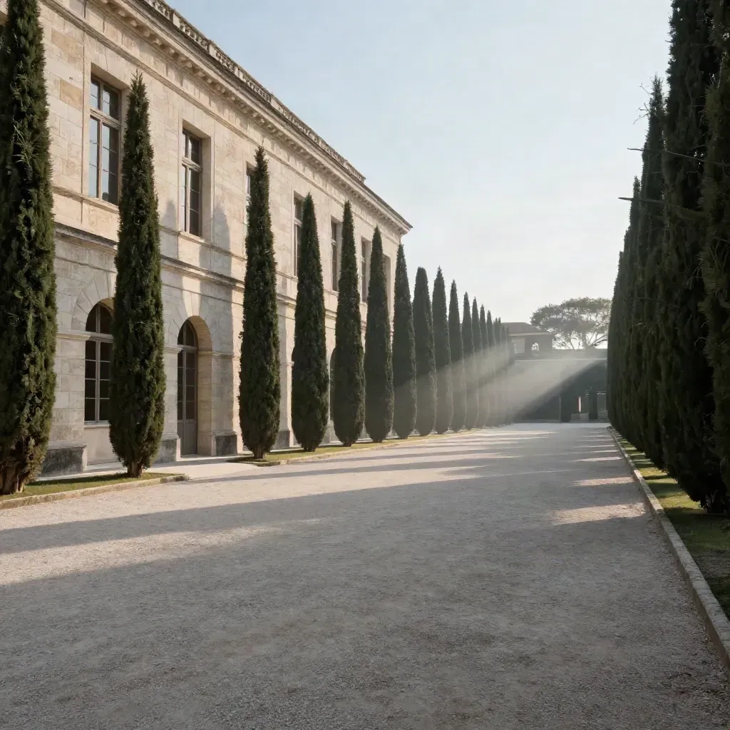 Cour d’un château en pierre calcaire, allée de cyprès et gravier sous lumière douce.