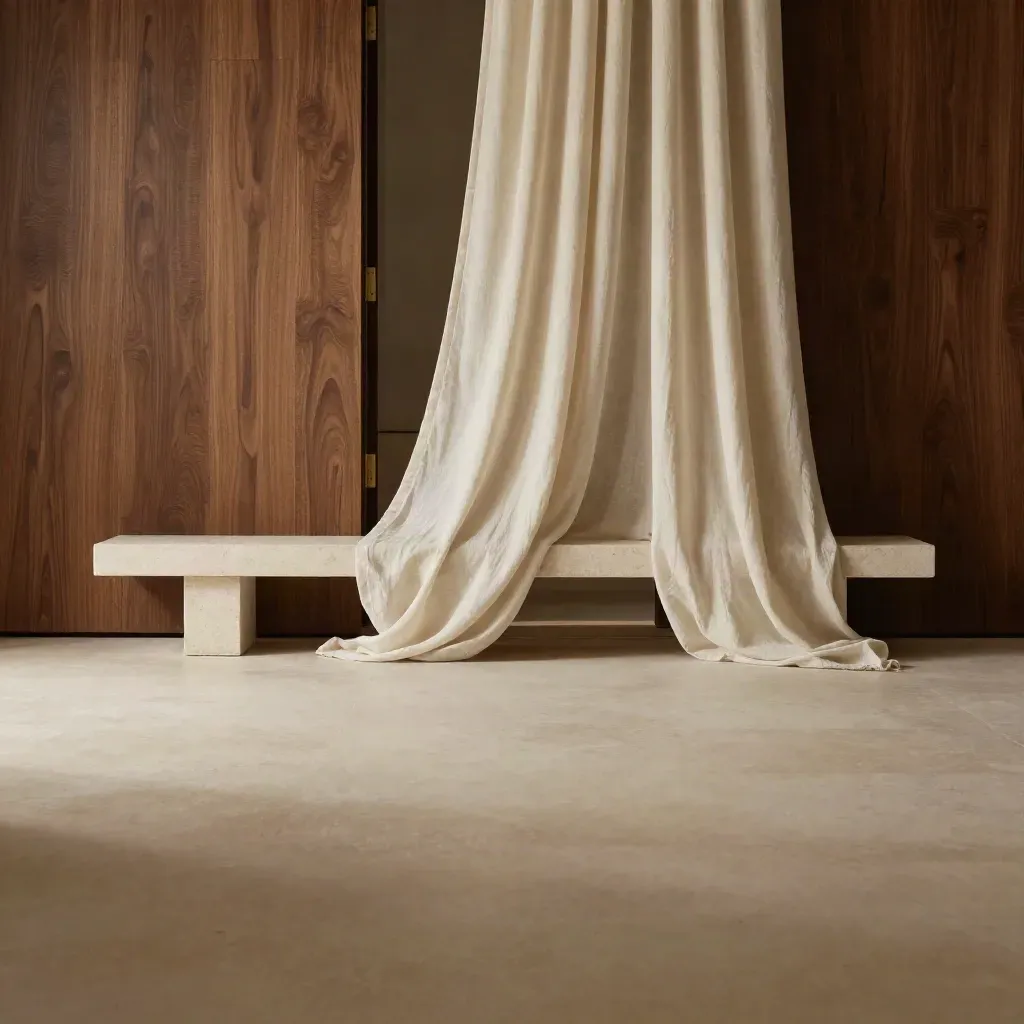 Intérieur luxueux avec mur en noyer, porte voilée et drapé de lin sur banc en pierre.